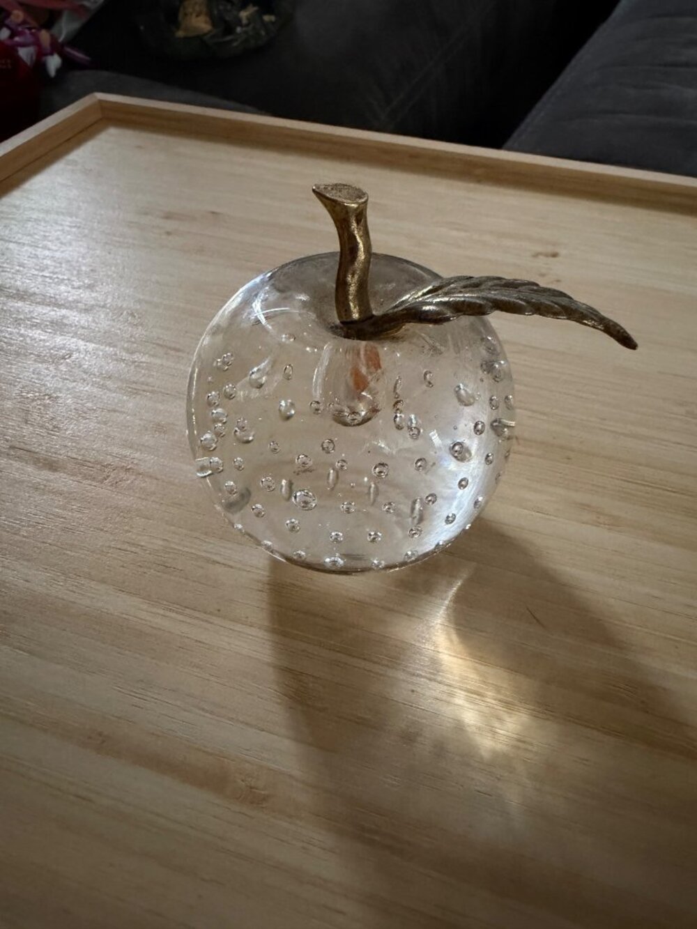 Glass Apple Paperweight With Gold Stem & Leaf Clear Bubble Design Vintage Decor